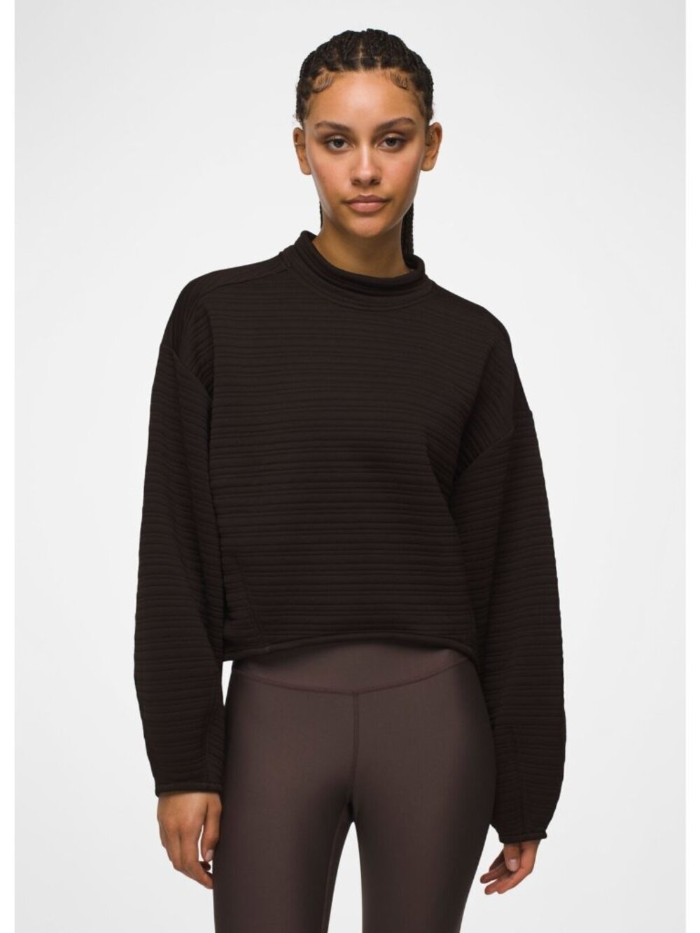 Prana Women's Espresso Brown Mock Neck Send Off Ribbed Pullover Sweatshirt Sz S